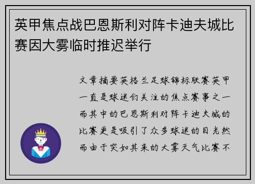 英甲焦点战巴恩斯利对阵卡迪夫城比赛因大雾临时推迟举行